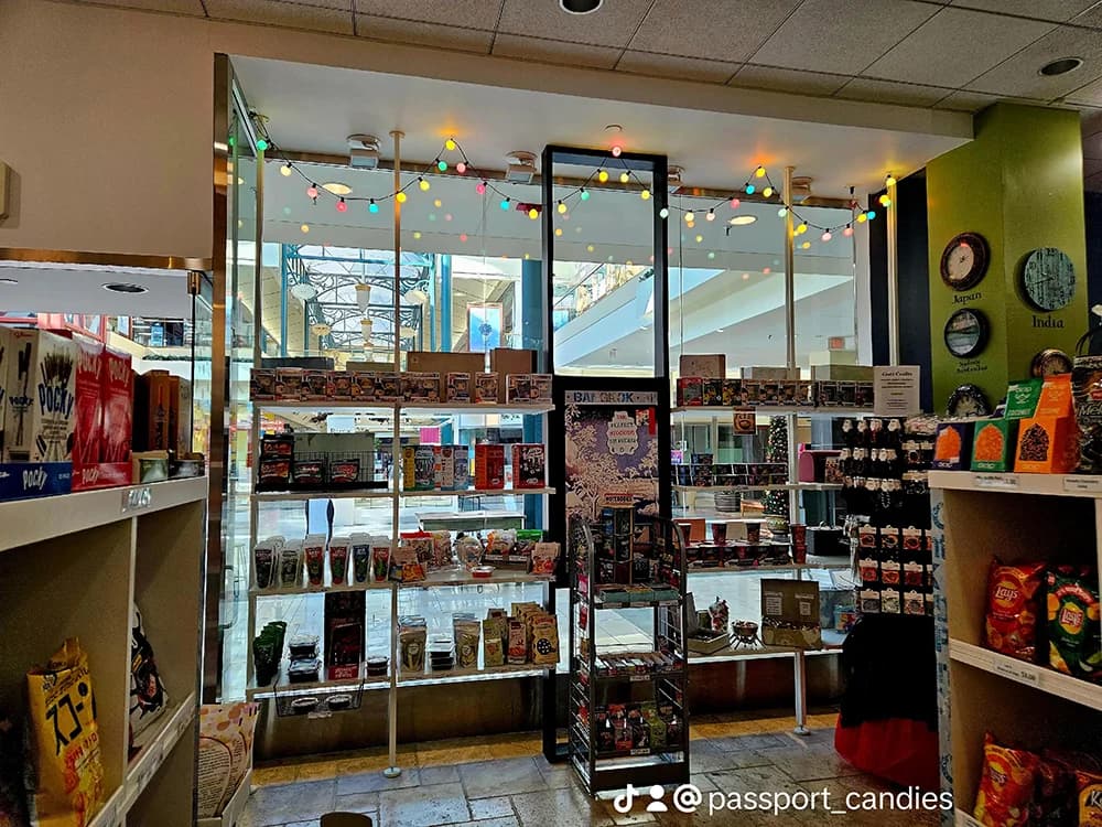 Vibrant candy display with trending snacks and unique international confections arranged in Passport Candies store