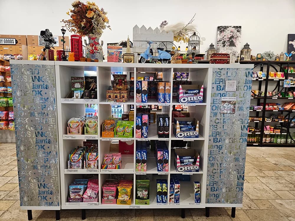 Detailed view of specialty international candy selection including Asian and European brands at Passport Candies